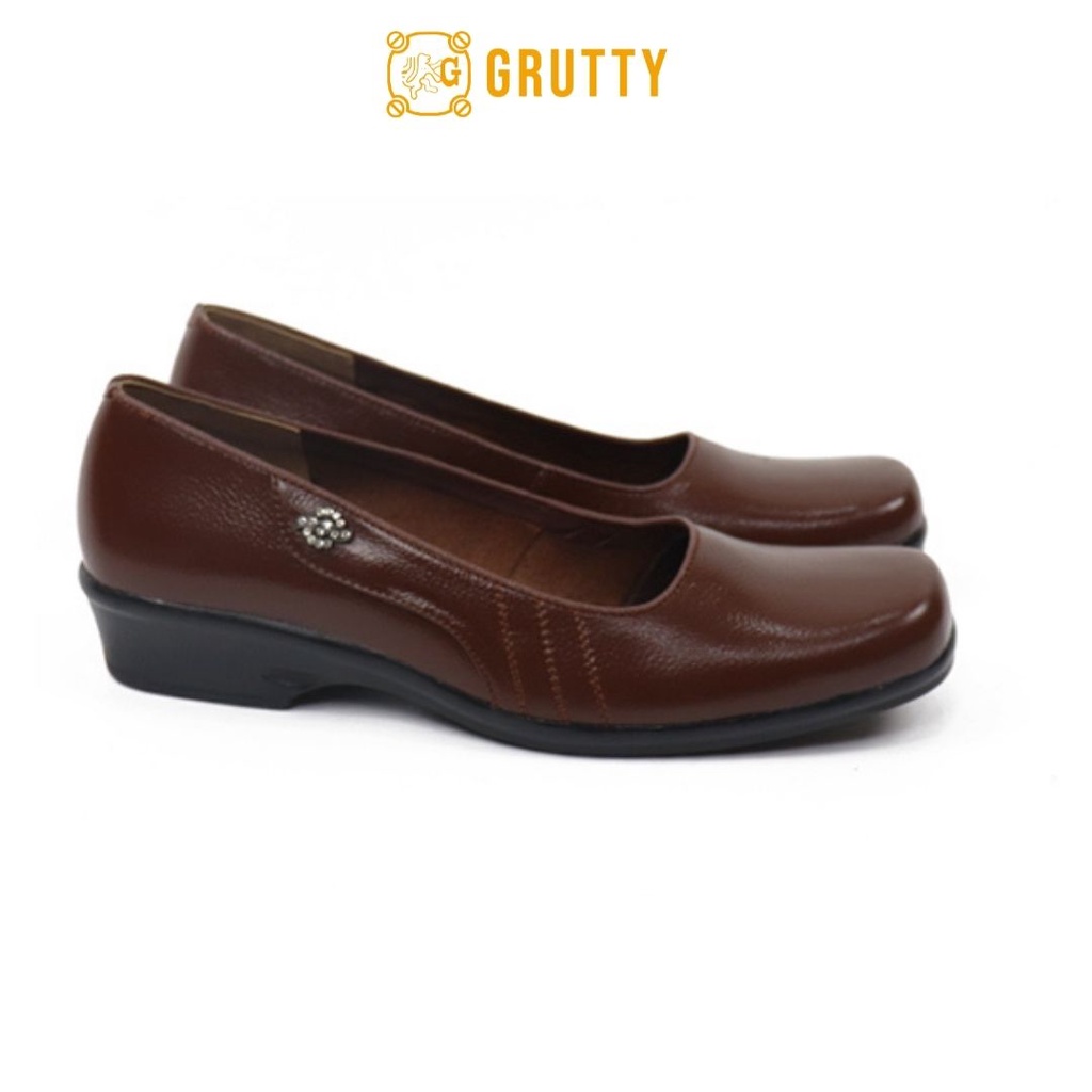 Sepatu Wanita Wedges Pantofel wanita kerja kulit asli Grutty DD2501 Marun