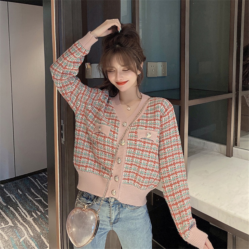 XIAOZHAINV Korean Style Lengan Panjan Rajut Cardigan Crop Top Wanita 6964