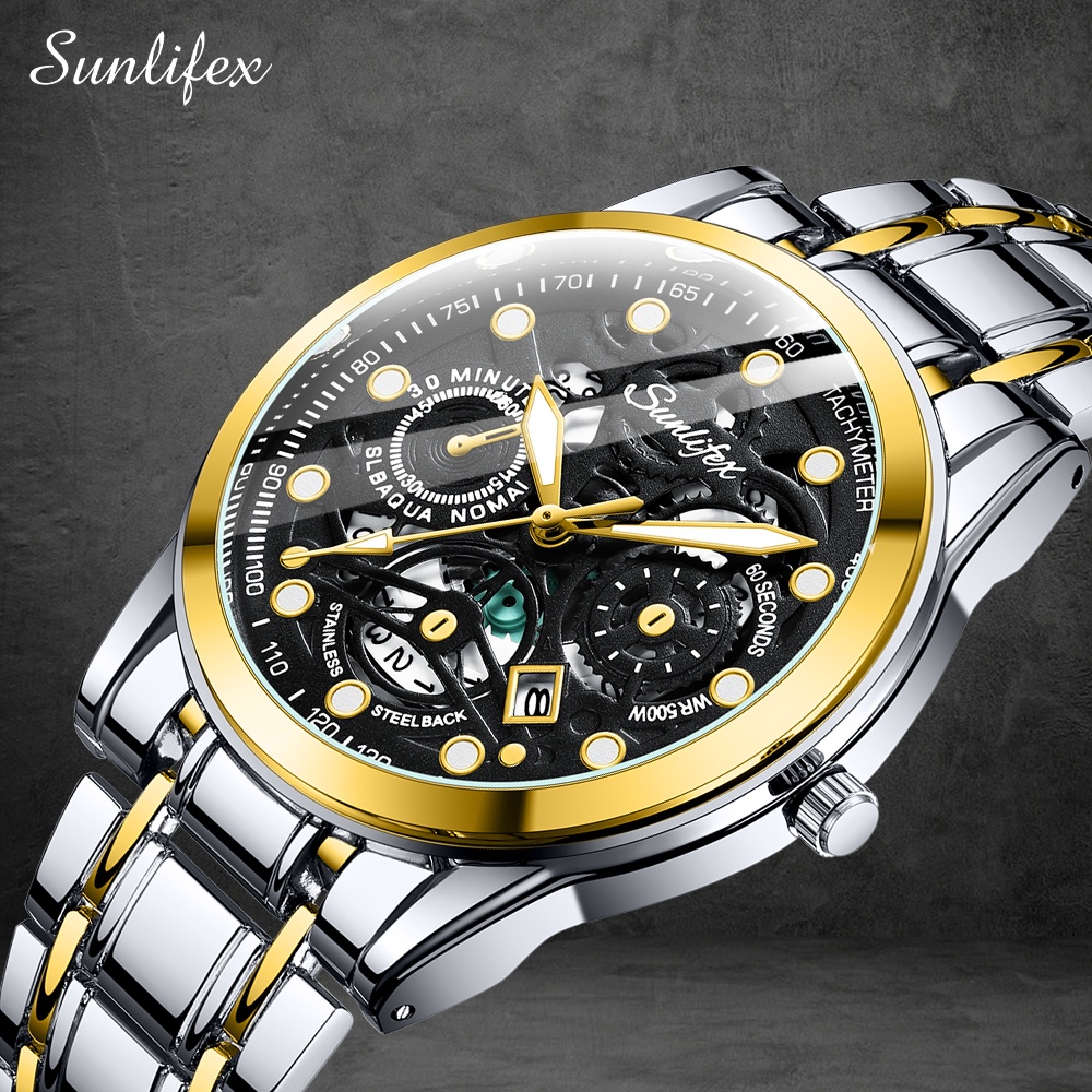 Sunlifex Jam Tangan Pria  9001 Original Display Kuarsa Anti Air Tali Stainless Steel Santai Mode Jam Tangan Cowok-SilverGold