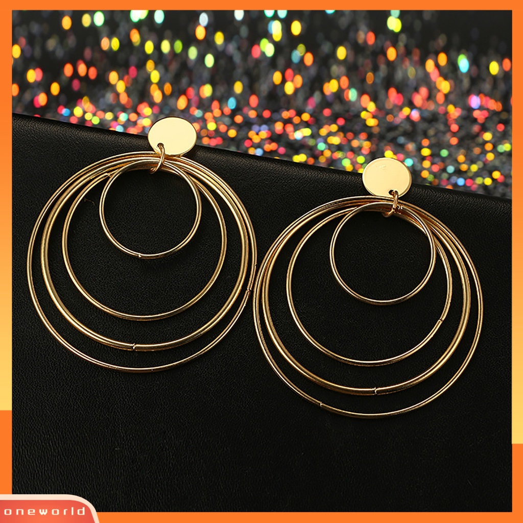[WONE] Kawat Ear Loop Spring Geometri Multi-circle Retro Berlebihan Anting Paduan Emas Untuk Anniversary