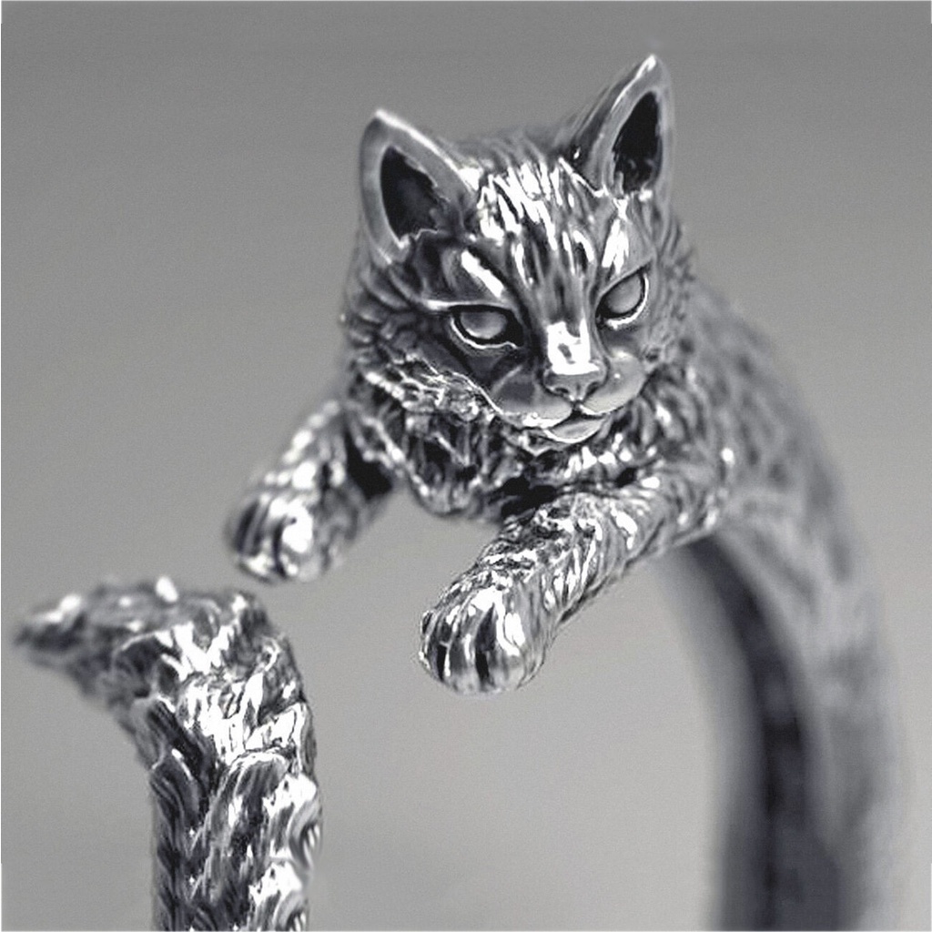 Vintage Fashion Kitten Cincin Pria Perak Lucu Hewan Peliharaan Adjustable Cincin Hip Hop Pesta Perhiasan Hadiah