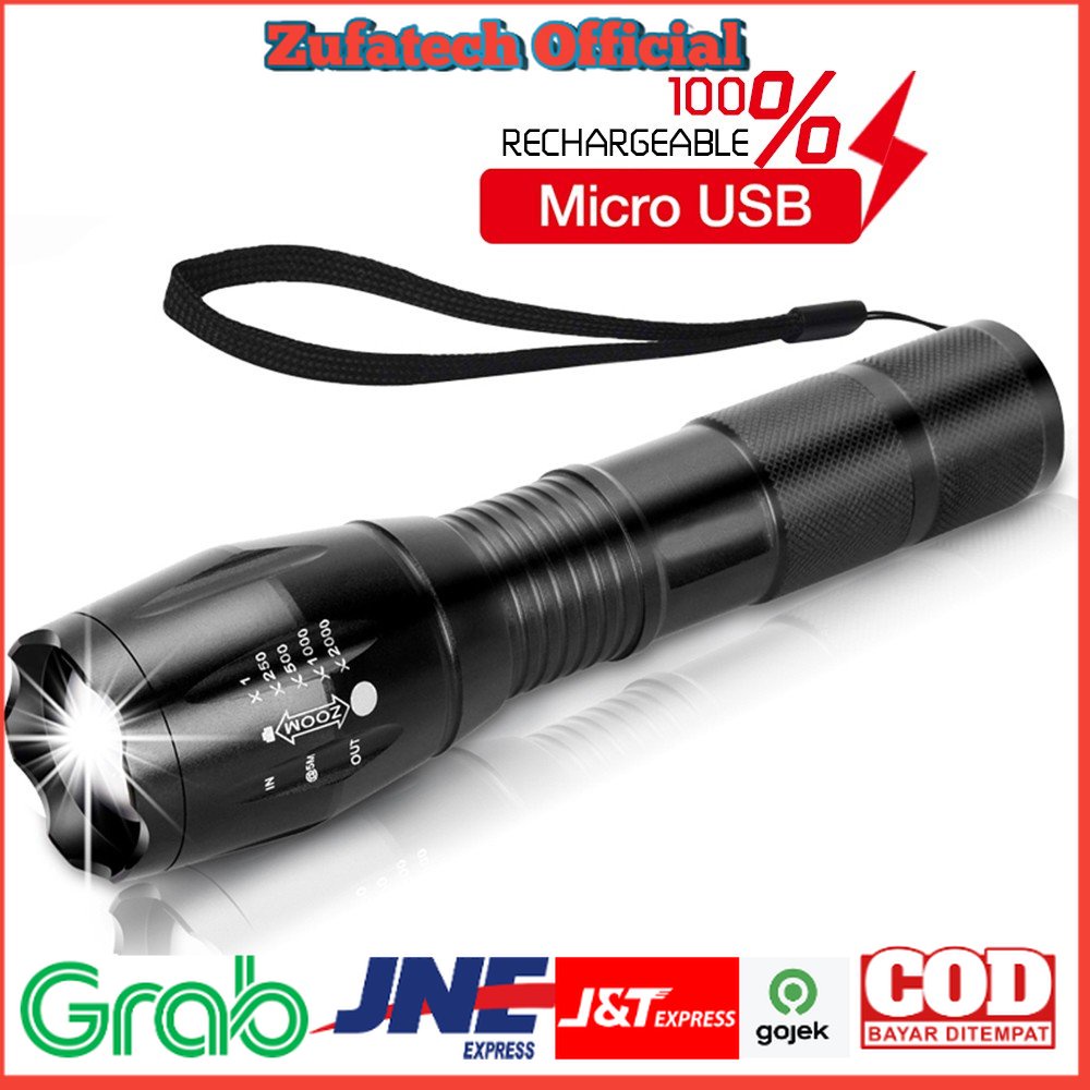 TaffLED Senter LED Tactical USB Rechargable Flashlight Zoomable XML-T6 10000 Lumens - E18u - Black