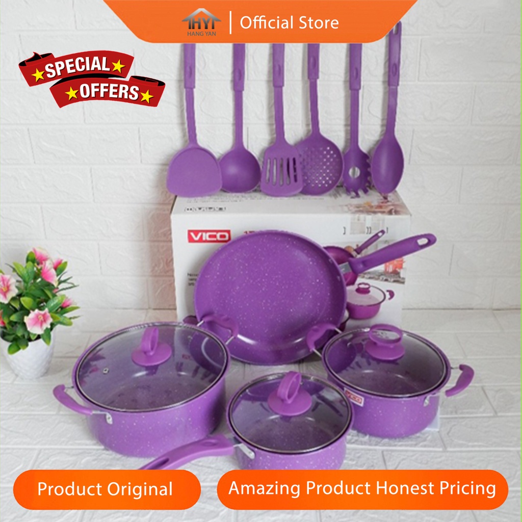 Panci Set Serbaguna Teflon Marble 13 Pcs Cookware Set Tutup Kaca