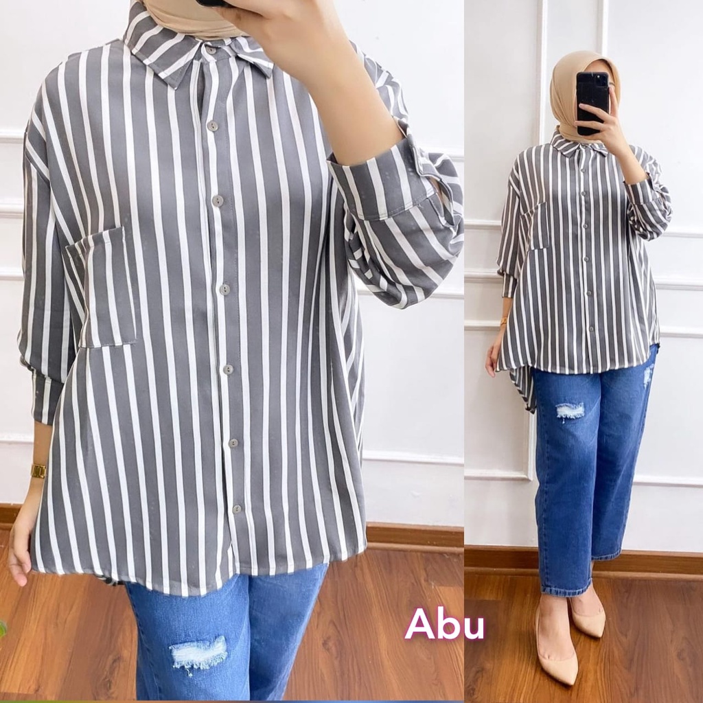 Kemeja Saja Dissy Salur Oversize Model Belakang Belah Bahan Syakila Premium Setrip