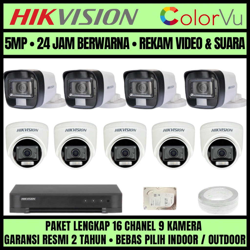 PAKET CCTV HIKVISION COLORVU 3K 5MP 16 CHANNEL 9 CAMERA KAMERA CCTV COLORFUL