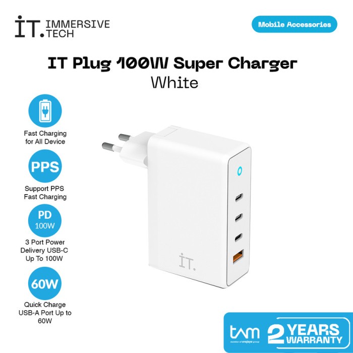 IT Plug 100 Super Charger 3 Port USB C 100W / 1 Port USB A 60W - Kepala Charger