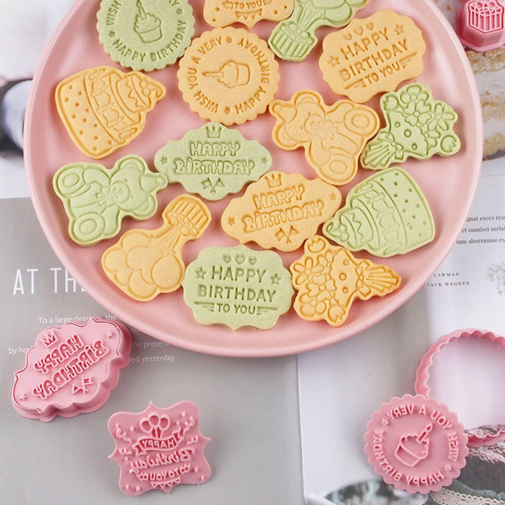 Preva 8pcs/set 3D Happy Birthday Pastry Dekorasi Makanan Fondant Cetakan Kue Plunger Plastik Kue Bunga