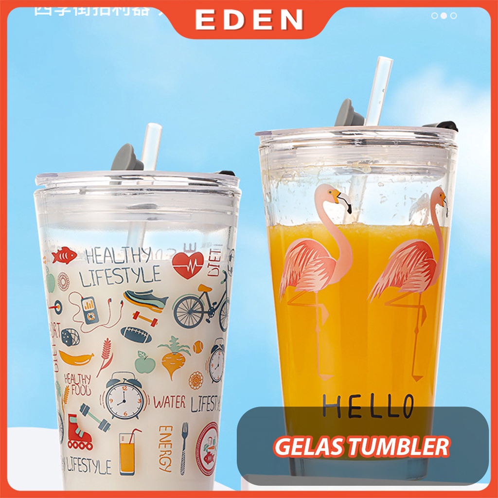 Gelas Tumblr Kaca Bening Gelas Mug Gelas Kaca dengan Tutup Anti Bocor 400ml Botol Minum Kaca Gratis Sedotan