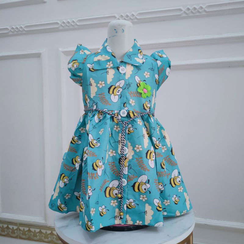 Dress anak 1 2 tahun kancing kartun motif karakter lebah tawon kancing honey bee