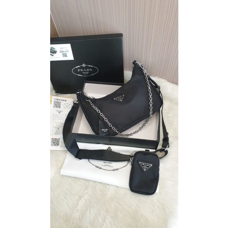 tas fashion Prada Hobo nylon, Prada nilon parasut free box