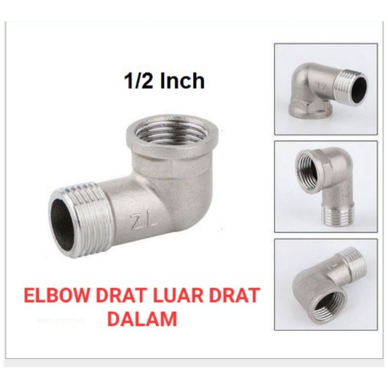 keni sambungan pipa elbow / sambungan drat luar stainless / sambungan drat luar dalam 1/2 in bentuk 