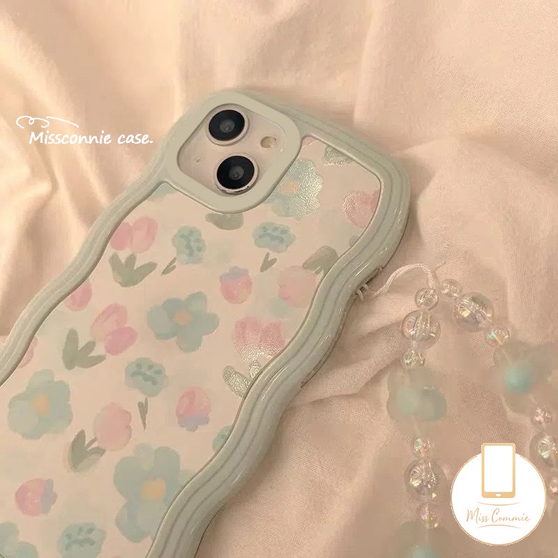 Casing Tepi Gelombang Baru Kompatibel Untuk iPhone 11 Pro MAX 7Plus 8Plus XR 6s 6 7 8 Plus 12 13 14 Pro MAX 14 Plus X XS MAX SE 2020segar Cat Air Biru Ungu Bunga Sarung Silikon Lembut