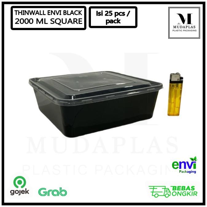 Thinwall Square 2000 ml Hitam Black ENVI isi 25 pcs