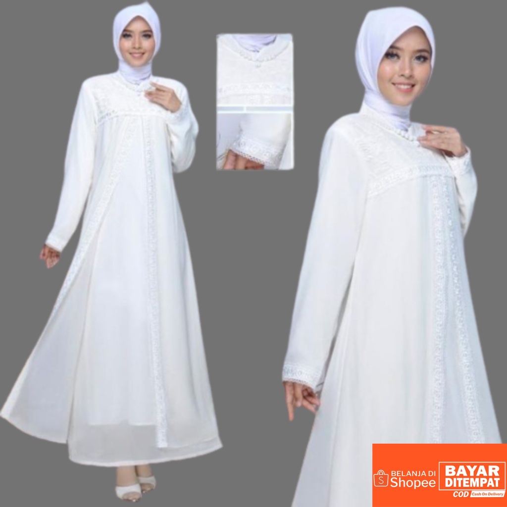 Baju Gamis Brukat Premium Putih Tulang Busana Umroh Lebaran Murah