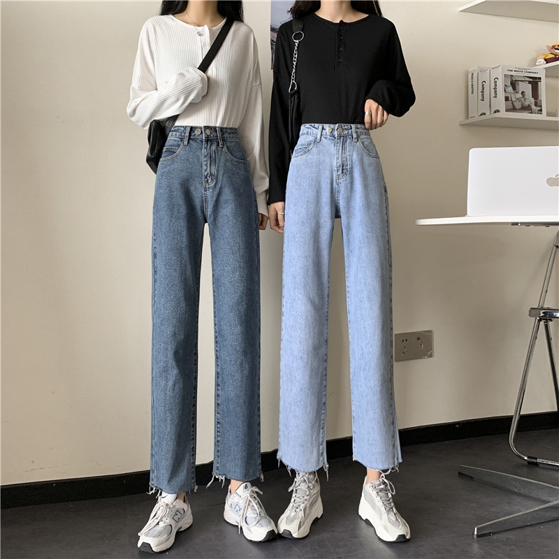 Biru muda&amp;Biru retro new unfinished boyfriend celana jeans wanita