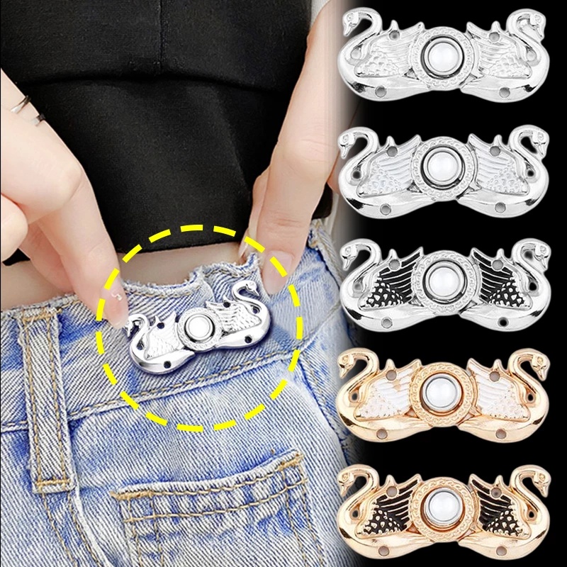 1set Rok Celana Adjustable Klip Pinggang Dilepas Logam Swan Mengencangkan Pinggang Tombol Logam Mengencangkan Pinggang Tombol Aksesoris Pakaian Untuk Wanita