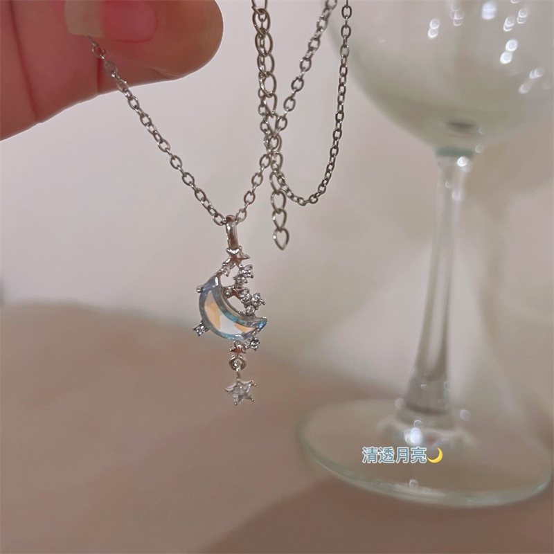 Kalung Rumbai Bintang Dan Bulan Batu Mengkilap Warna-Warni Antik Mewah Bertatahkan Berlian Perak Starry Necklace Hadiah Ulang Tahun Sahabat Terbaik