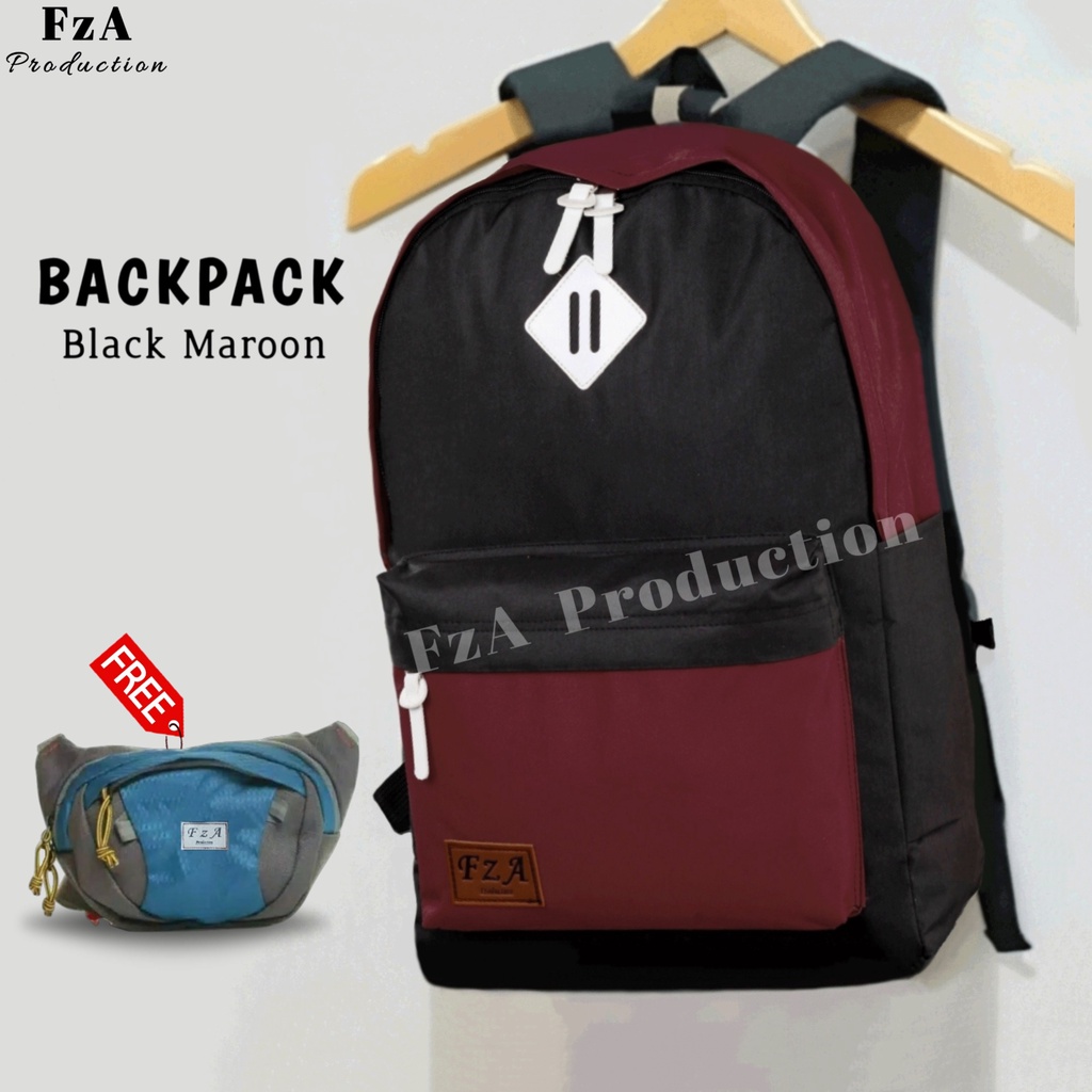 Tas Ransel Gendong Laptop Distro Sekolah Kuliah Pria Wanita Black Murah Original FzA FREE Tas Slempang Waistbag