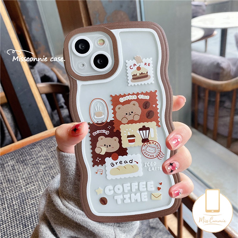 IPHONE Case Kompatibel Untuk Iphone7 8 6 6s Plus 11 12 13 14 Pro MAX XR 14 Plus X XS MAX SE 2020kartun Lucu Retro Vintage Coffee Bear Wavy Edge Shockproof Soft TPU Back Cover