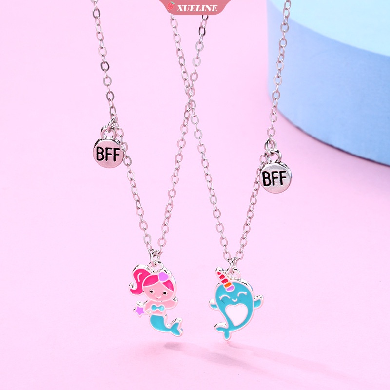 2pcs/set Kartun Mermaid Dolphin Bentuk Liontin Rantai Sahabat Kalung BFF Persahabatan Anak Perhiasan Hadiah Untuk Perempuan [ZXL]