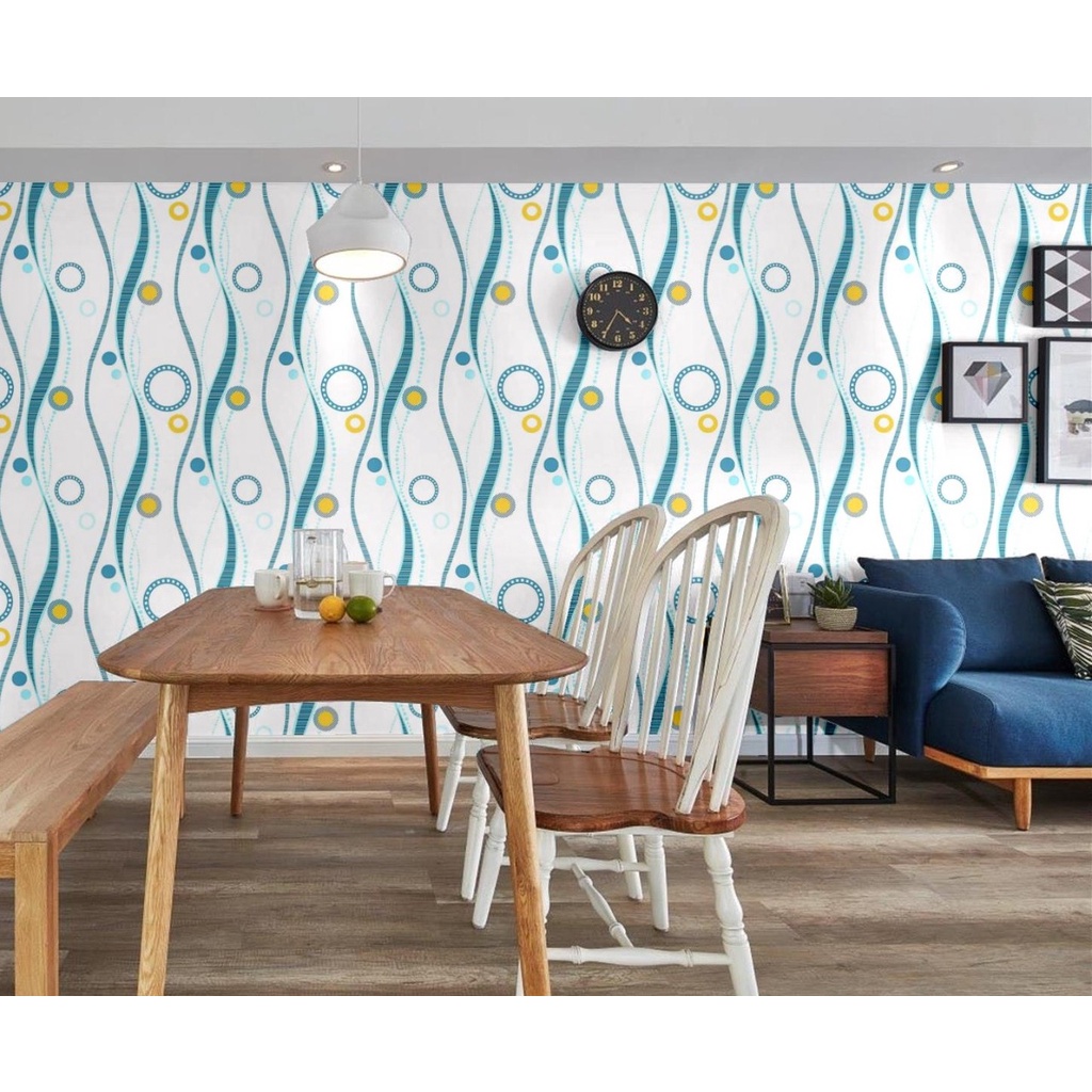 WALLPAPER STIKER DINDING MOTIF GELOMBANG BIRU DASAR PUTIH