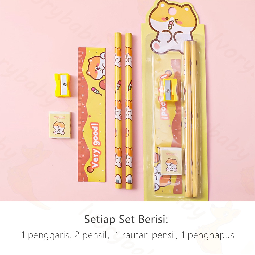 Ivorybaby 5in1 Alat tulis sekolah lucu Alat tulis pensil stationery set