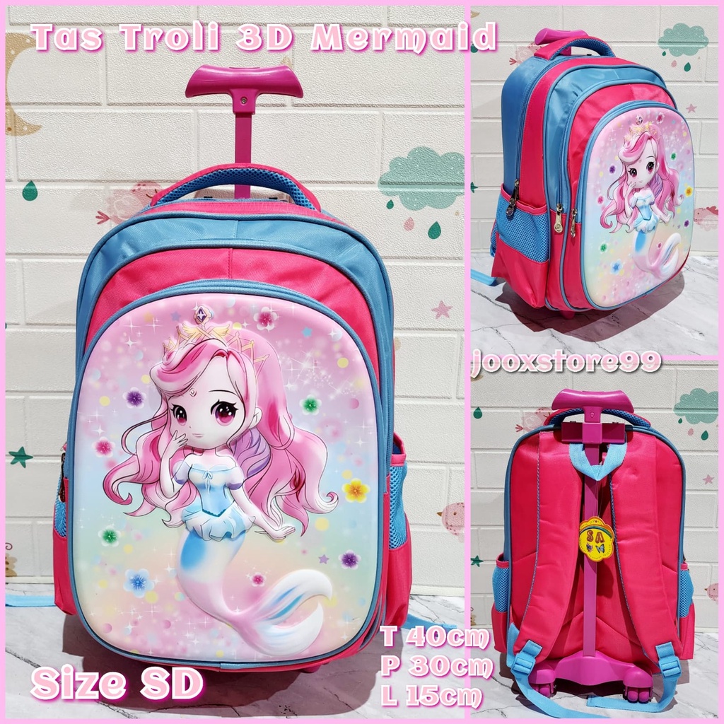 Tas Sekolah Troli Anak SD Motif Mermaid Unicorn Frozen Superhero Timbul 3D Tas Import Trolley Anak Perempuan dan Laki-Laki Tas Dorong Anak Koper Sekolah