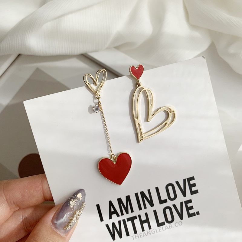 Fashion Wanita Merah Asimetris Jantung Anting Manis Peach Heart