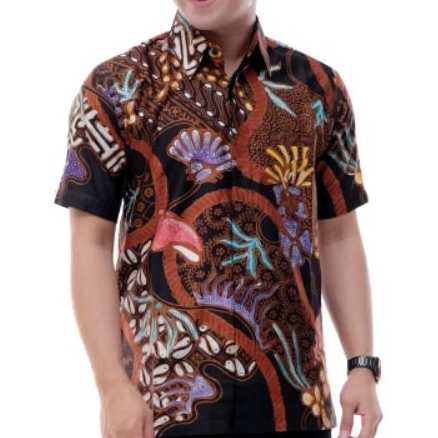 kemeja batik tulis pria lengan pendek bahan satin motif sogan
