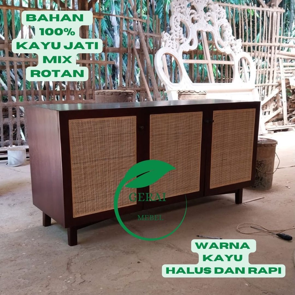 Bufet Prasmanan Kabinet Minimalis Dapur Rotan Jati 3 Pintu 2 Rak Kecil