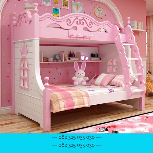 Tempat tidur tingkat anak karakter perempuan / ranjang minimalis pink