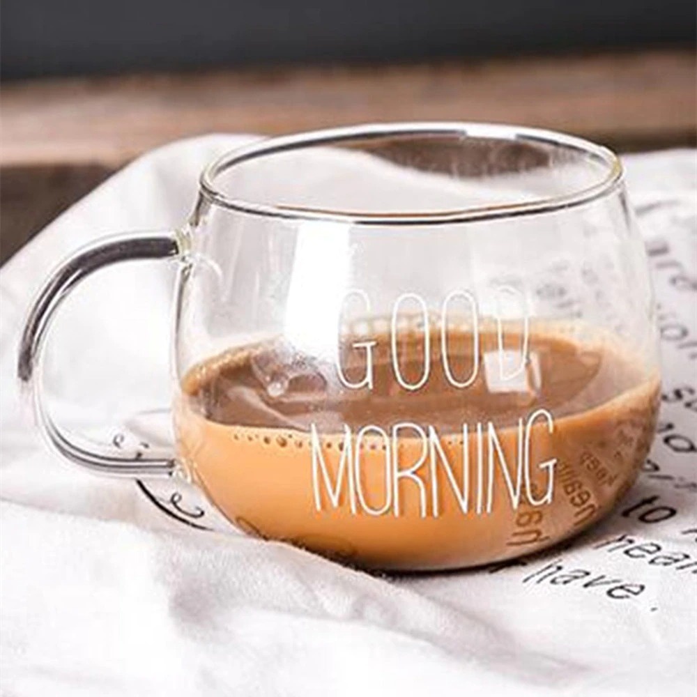 Gelas Cangkir Kopi Glass Coffee Mug Good Morning 350ml White Printing - 9H9D