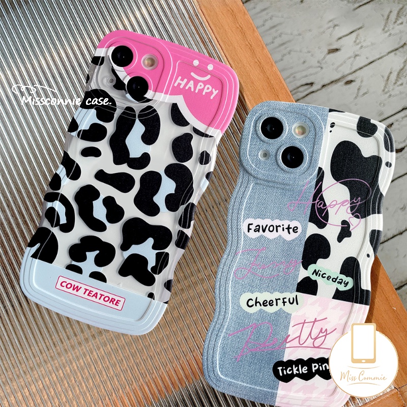 IPHONE Case Kompatibel Untuk Iphone6 6s 87 Plus XR 11 Pro Max14 13 12 Pro Max 14Plus X XS Max SE 2020 Wavy Edge Cute Denim Patch Happy Leopard Print Bening Lembut TPU Pasangan Ponsel Case