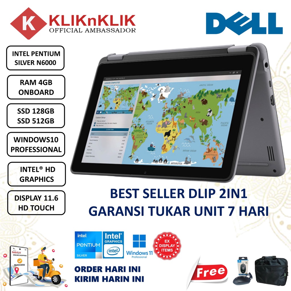 Laptop Murah Dell Latitude 11 3120 Intel Pentium Silver N6000 4GB 512GB SSD HD Windows 11 Professional Grey Terlaris