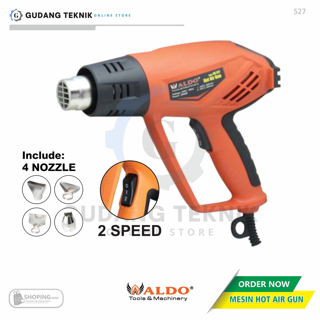 Heat Gun 2 SPEED ALDO 527 / Hotgun Hot Air Gun 2000W ALDO 527 - Alat Pemanas Plastik Multifungsi 550Celcius ALDO 527