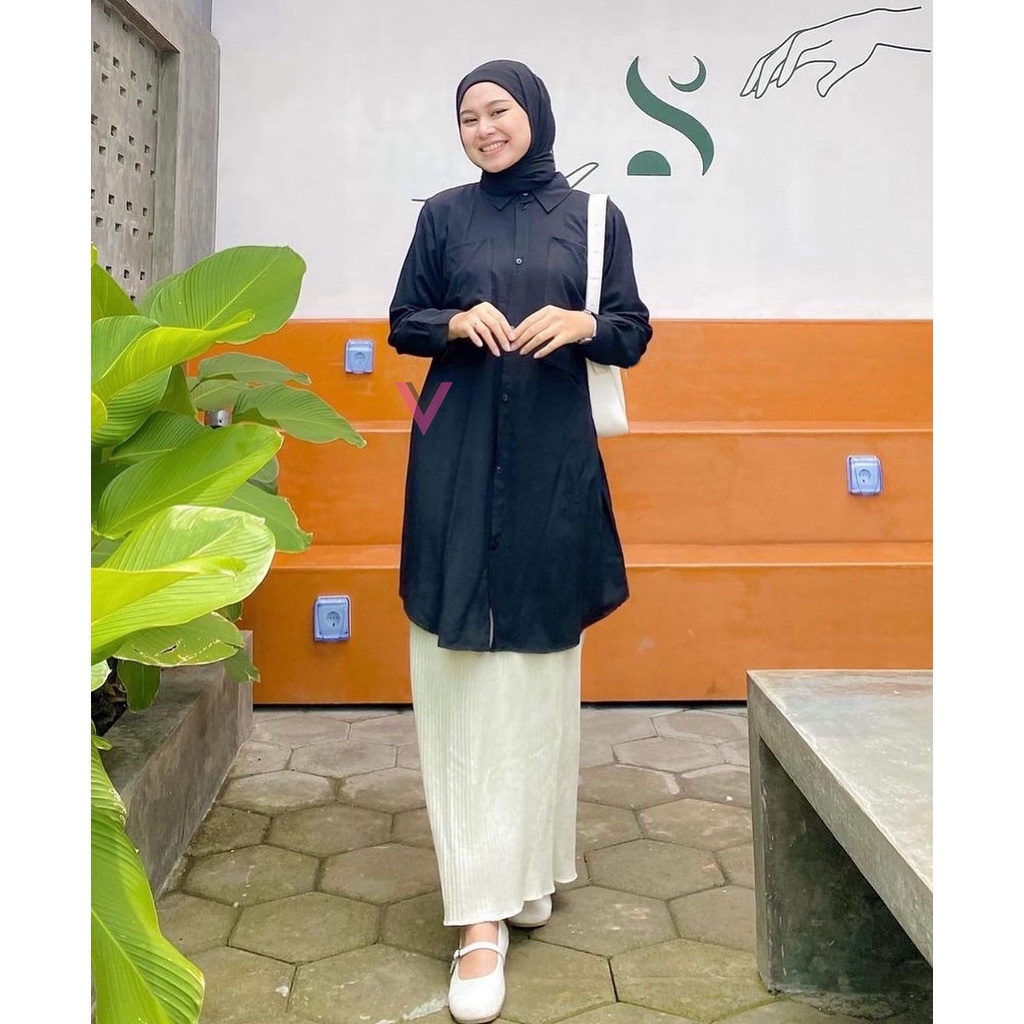 ANZY Tunik Wanita Remaja Lengan Panjang Korea Hitam Putih Polos Katun Rayon Premium Kekinian LD 110