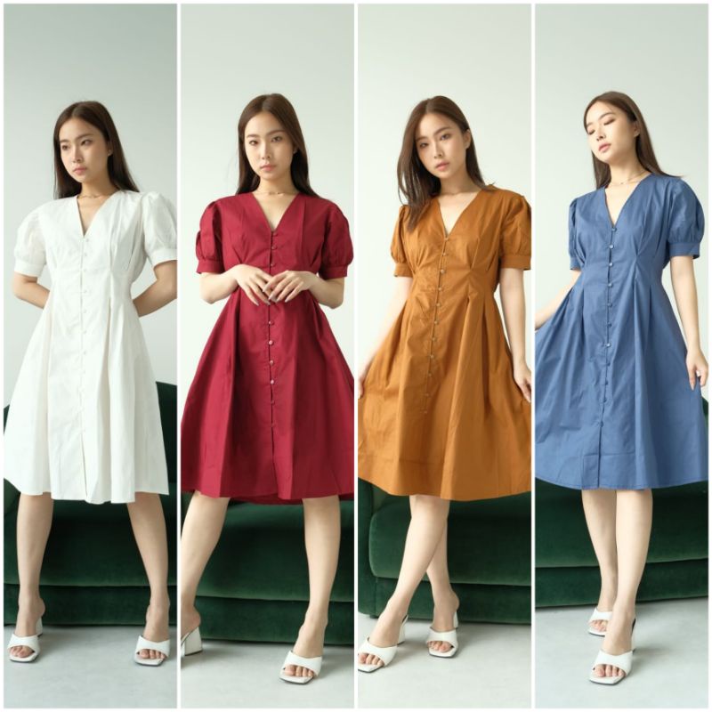 ♡ PREMIUM ♡ ORIGINAL ! MINELLA PLAIN V-NECK BUTTON FLARE MINI DRESS ( BUSUI FRIENDLY )