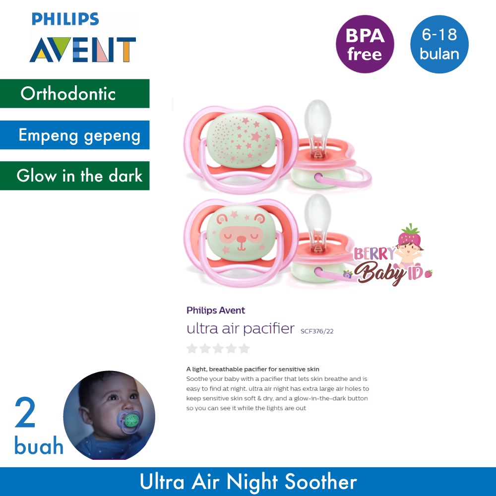 Philips Avent Ultra Air Night Soother 6-18m Pacifier Empeng Bayi Berry Mart