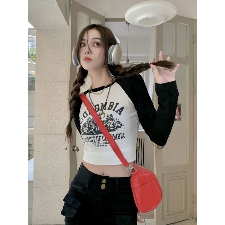 ☂❇℗Suhao American Retro Lengan Panjang T-shirt Wanita 2022 Musim Gugur Baru Rasa Desain Dicetak Pendek Top Pakaian Bawah Kemeja Ins