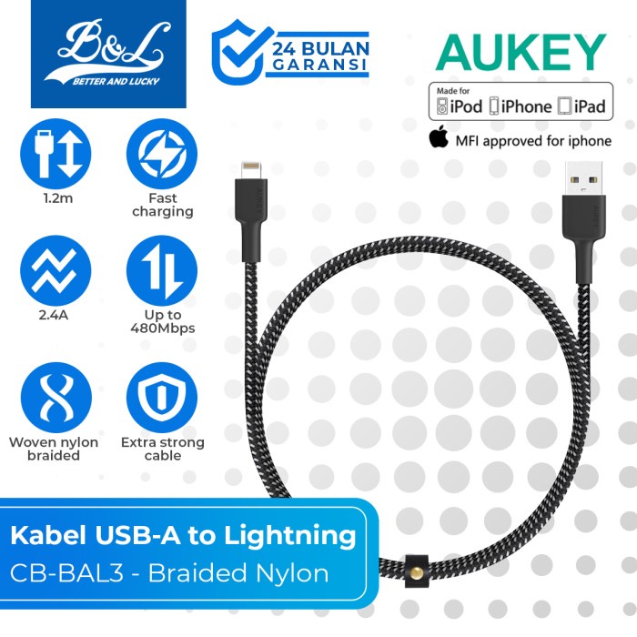 Aukey Kabel Usb To Lightning Iphone Mfi Nylon Braided Cb-Bal