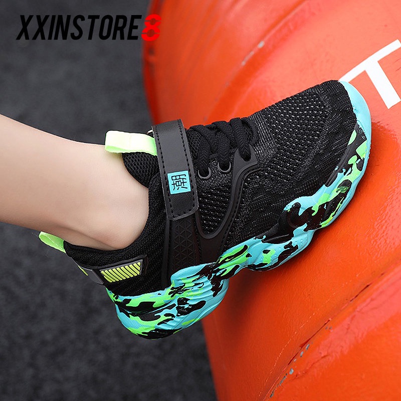 Sepatu Olahraga Anak-anak Sepatu Sneakers Bernapas Kampus Anak Laki-laki Jaring bernapas Hijau dan Emas 6-12 tahun