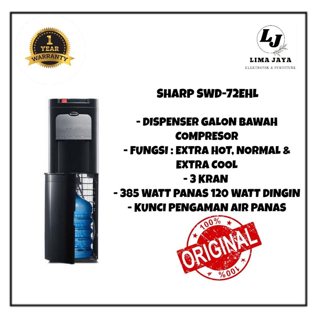 SHARP SWD-72EHL Dispenser Galon Bawah Compresor (Hot, Normal, Cool)
