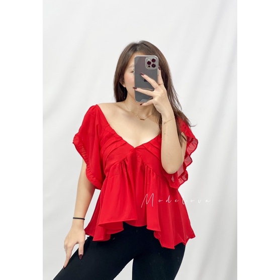 MDLV ~ 5929# Griselda Asymmetric Ruffle Top Blouse Import