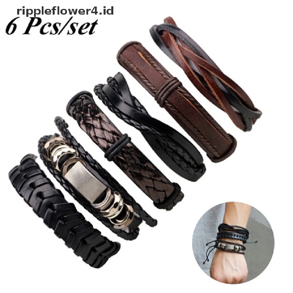 {rippleflower4.id} 6pcs/set Vintage Pria Gelang Multilayer Tali Kulit Wax Rope Braided Bracelet~