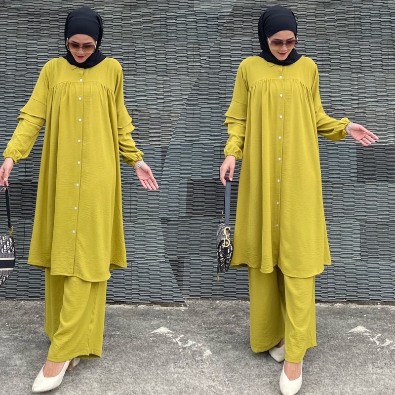 SET THALITA CRINKEL AIRFLOW PREMIUM/ONE SET LONG TUNIK POLOS JUMBO/SETELAN TUNIK WANITA TERBARU