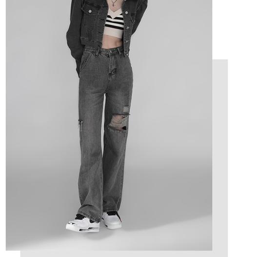 Harga Bersahabat Import Baru Hitam abu²  Fashion Robek Highwaist Kulot Jeans Wanita