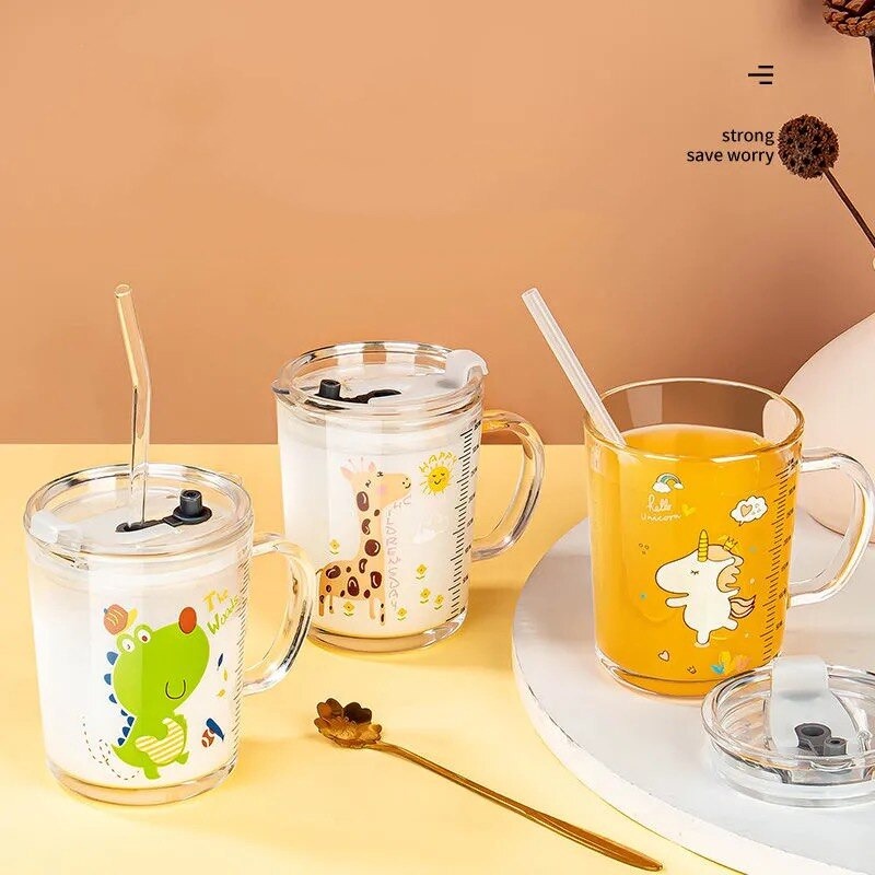 Gelas Minum KACA Anak Motif Animal 350ML + Sedotan /Gelas Cangkir Kaca