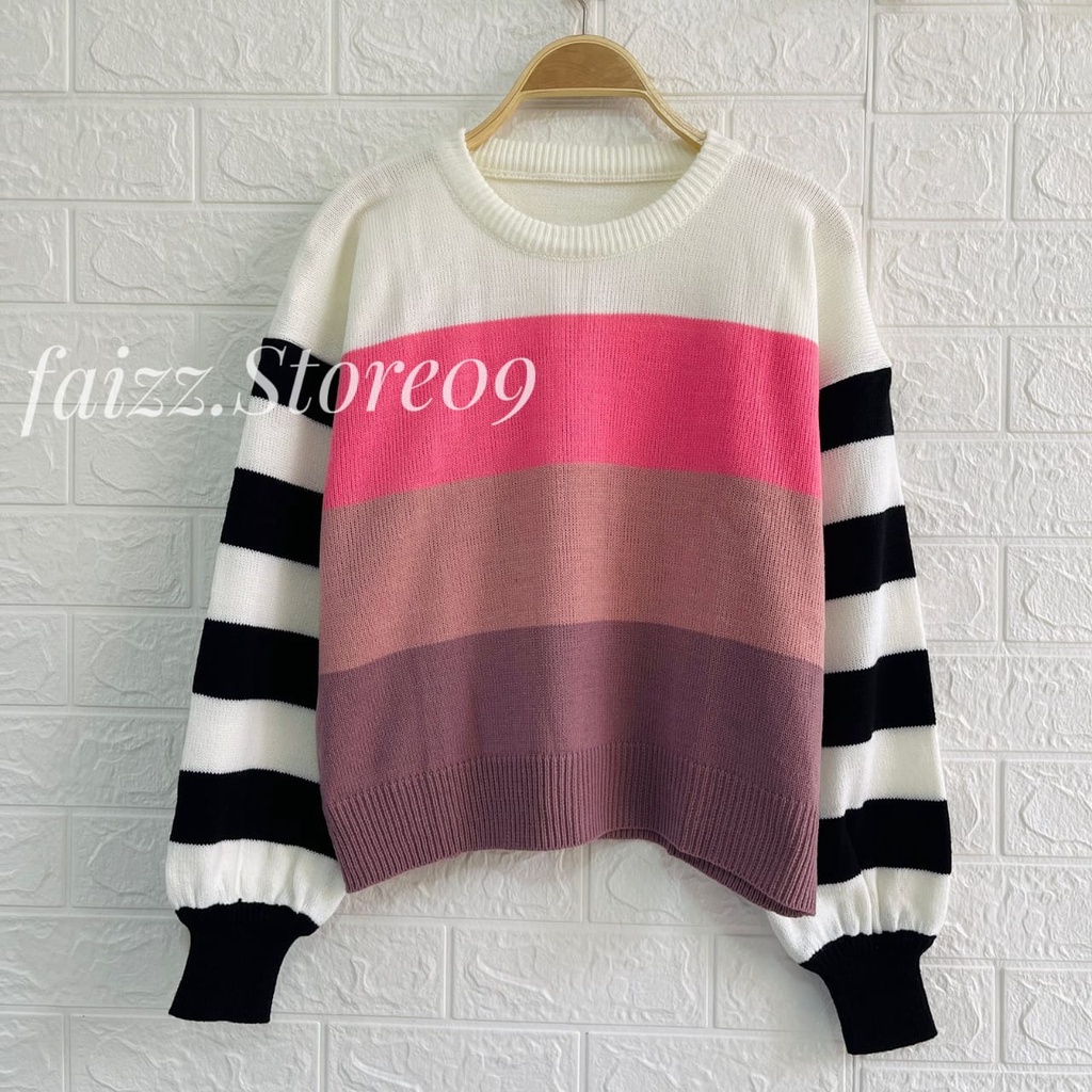 MELANDA SWEATER RAJUT STIRIPE BLASTER ATASAN WANITA LENGAN PANJANG