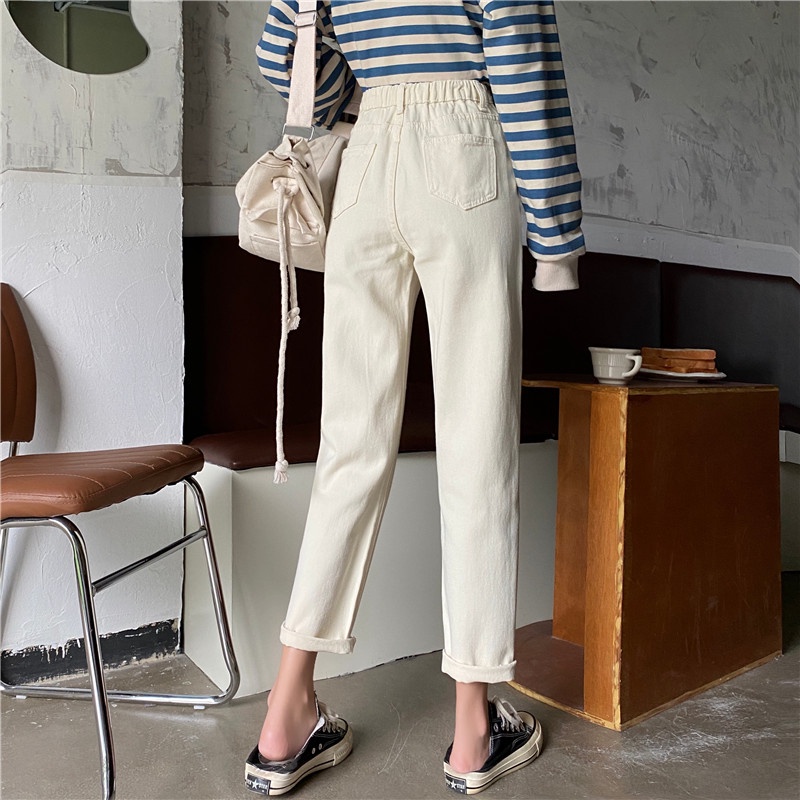 Krem Pinggang Karet Santai Boyfriend Jeans Wanita