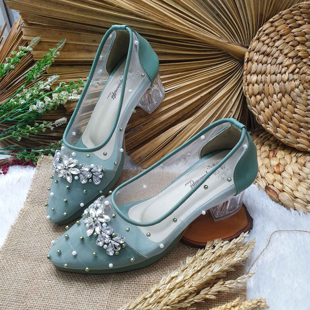 sepatu wanita wedding dahlia sage 5cm kaca